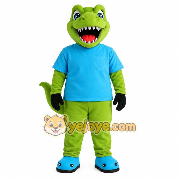 Green Dinosaur With Blue Shirt Mascot Costume