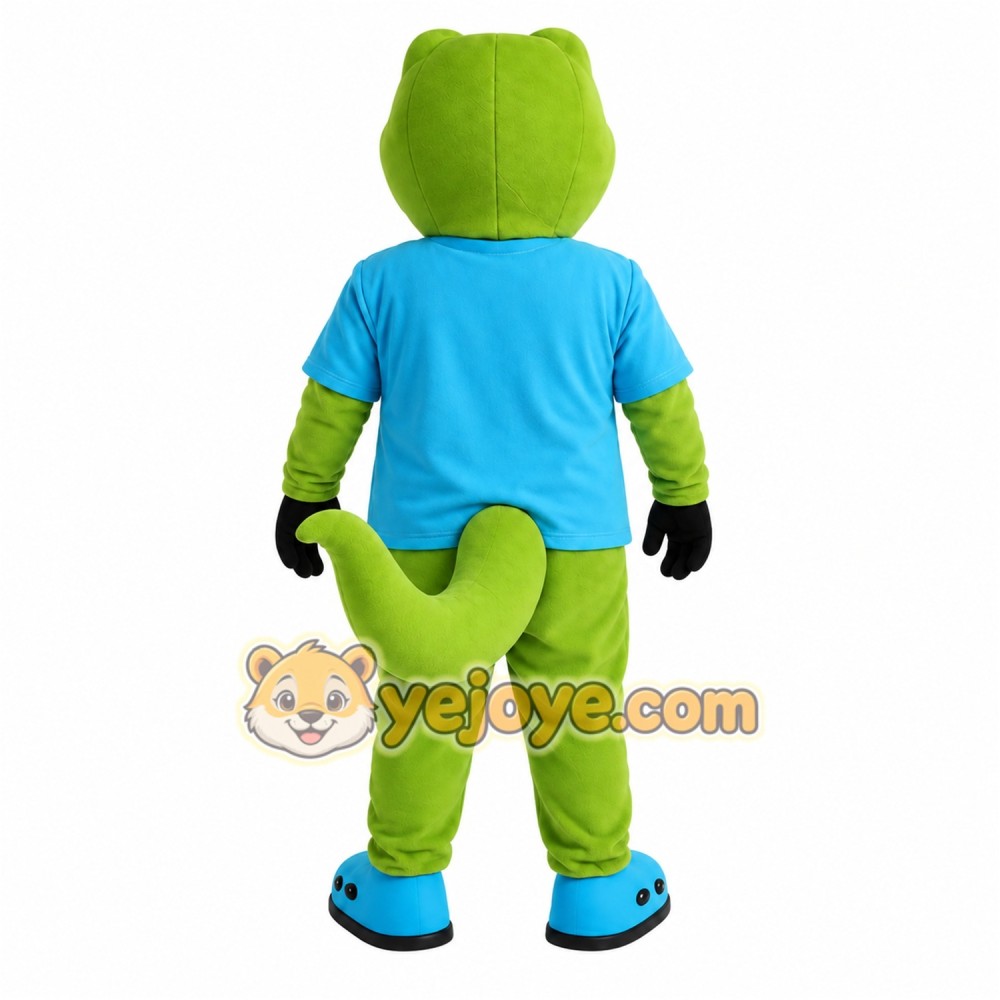 Green Dinosaur With Blue Shirt Mascot Costume Green Dinosaur With Blue Shirt Mascot Costume