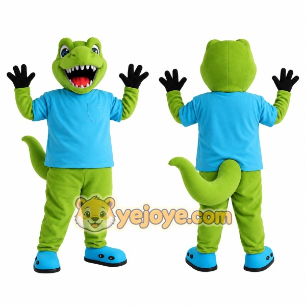 Green Dinosaur With Blue Shirt Mascot Costume