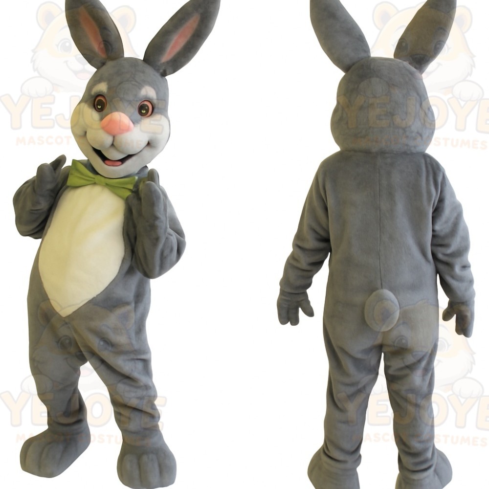 Gray White Rabbit With Green Bow Tie Mascot Costume
