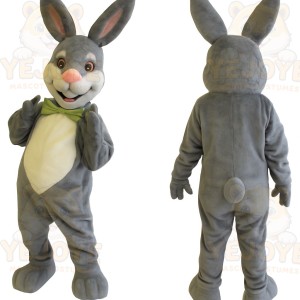 Gray White Rabbit With Green Bow Tie Mascot Costume