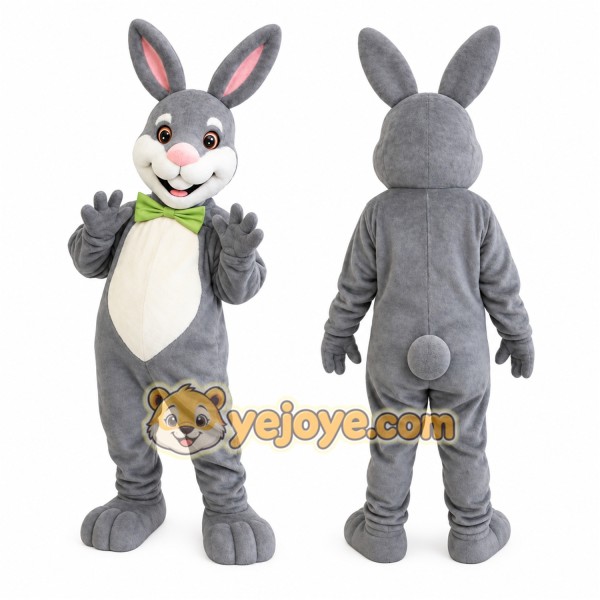 Gray White Rabbit With Green Bow Tie Mascot Costume