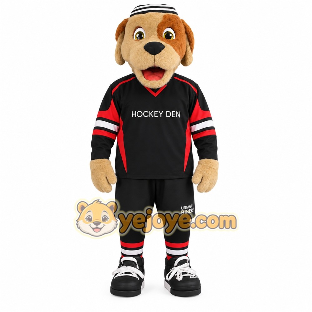 Tan Brown Black Hockey Dog Mascot Costume Tan Brown Black Hockey Dog Mascot Costume