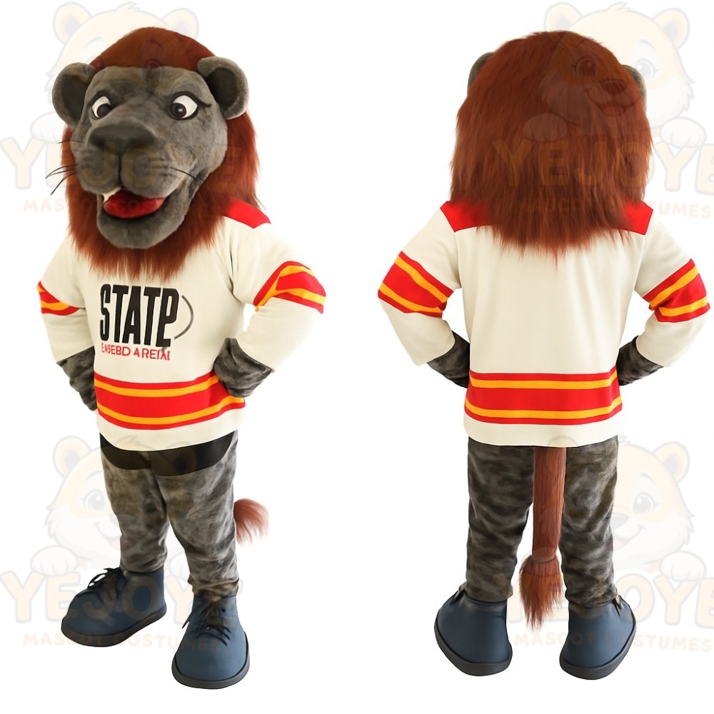 Gray Brown Lion Hockey Player Mascot Costume