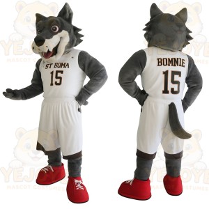 Gray White Basketball Wolf Mascot Costume