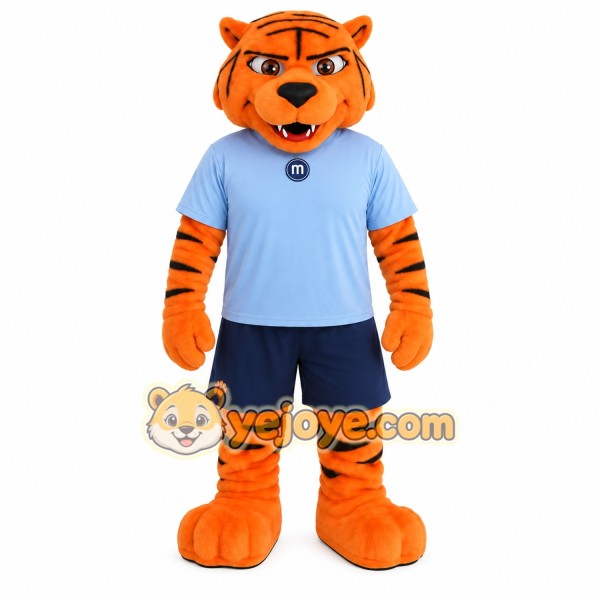 Orange Black Tiger In Blue Shirt Mascot Costume