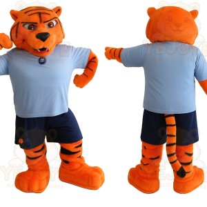 Orange Black Tiger In Blue Shirt Mascot Costume