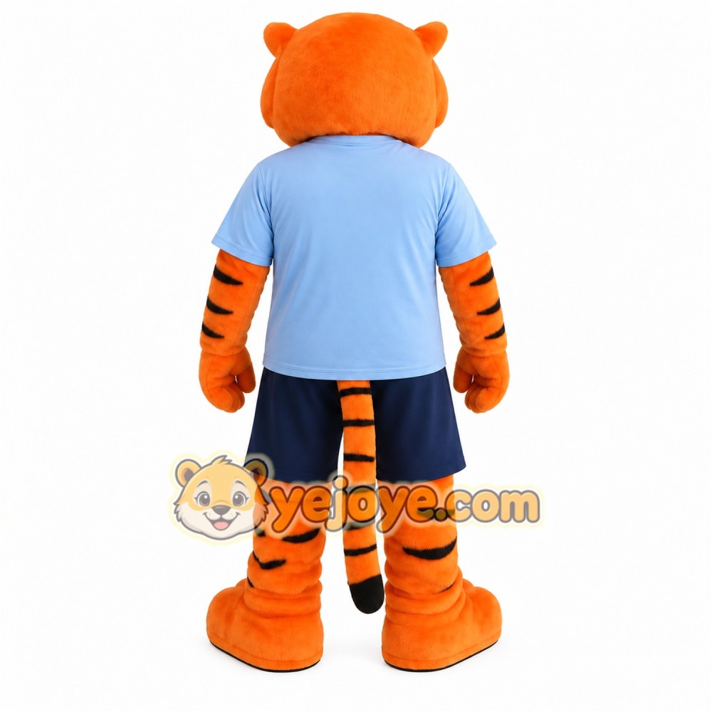Orange Black Tiger In Blue Shirt Mascot Costume Orange Black Tiger In Blue Shirt Mascot Costume