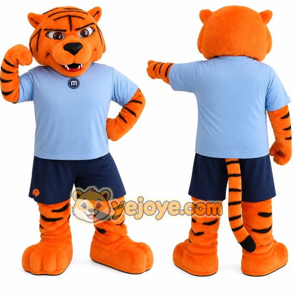 Orange Black Tiger In Blue Shirt Mascot Costume