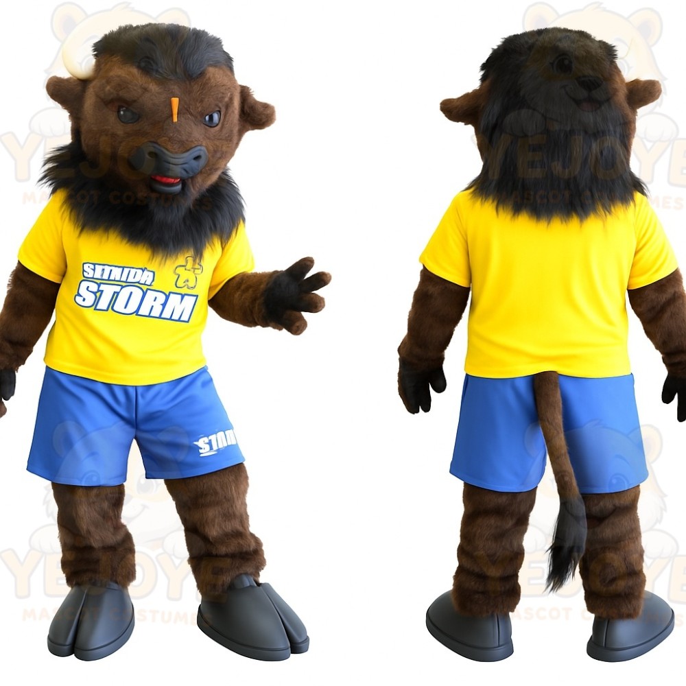 Brown Black Yellow Blue Bison Mascot Costume