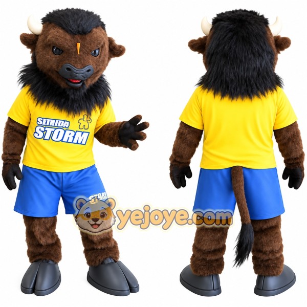 Brown Black Yellow Blue Bison Mascot Costume