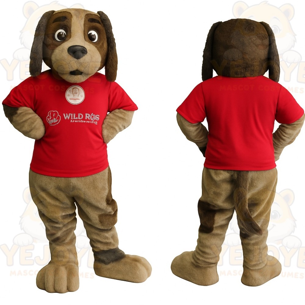 Tan Brown Dog In Red Shirt Mascot Costume