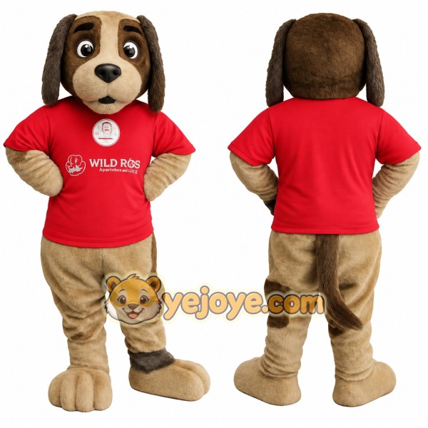 Tan Brown Dog In Red Shirt Mascot Costume