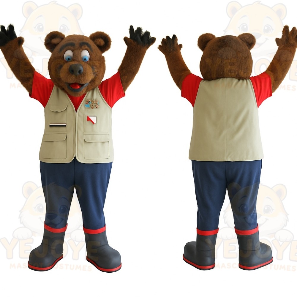 Brown Red Beige Explorer Bear Mascot Costume