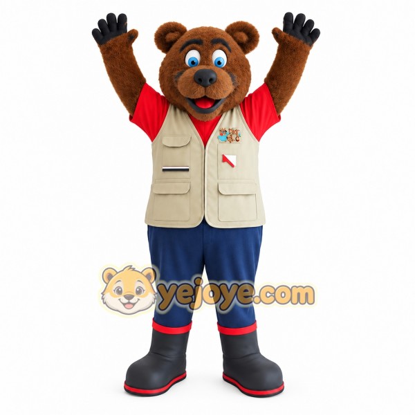 Brown Red Beige Explorer Bear Mascot Costume