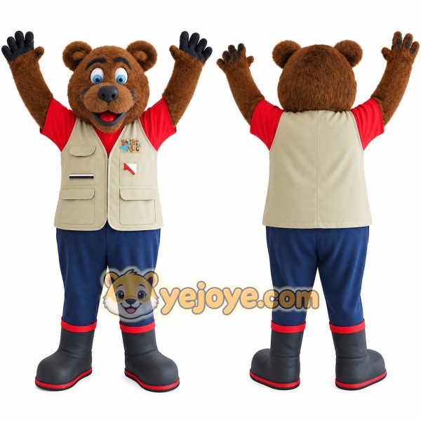 Brown Red Beige Explorer Bear Mascot Costume