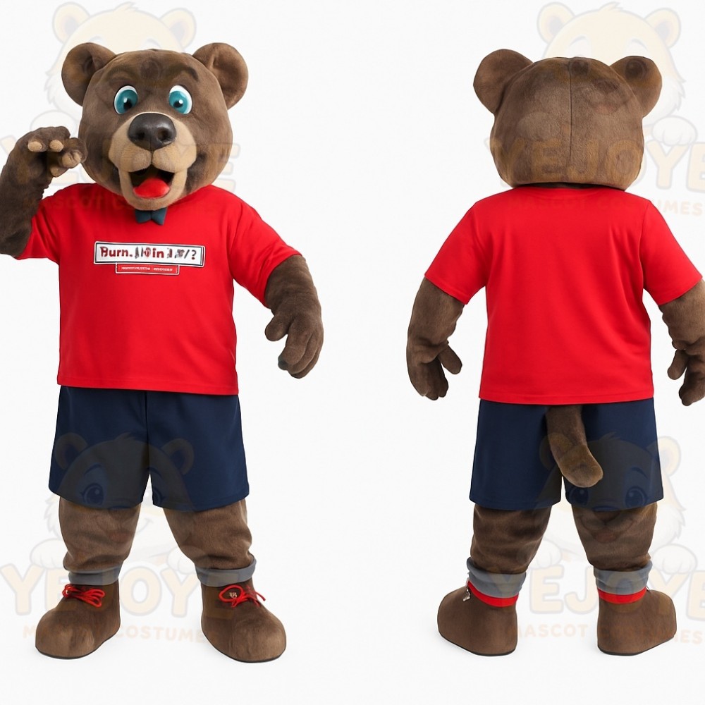 Brown Bear Red Shirt Navy Shorts Mascot Costume