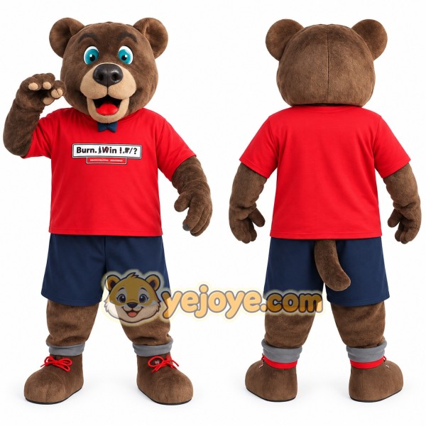 Brown Bear Red Shirt Navy Shorts Mascot Costume