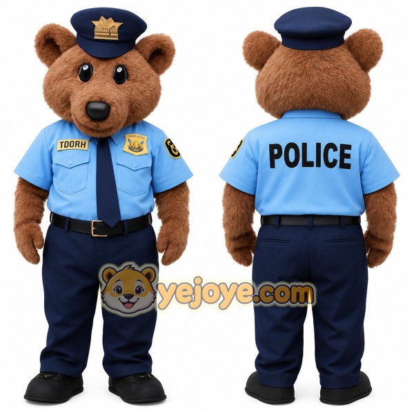 Brown Light Blue Police Bear Mascot Costume