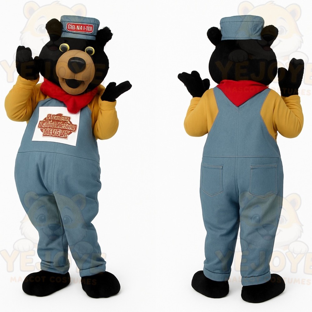 Black Bear With Blue Overalls Mascot Costume