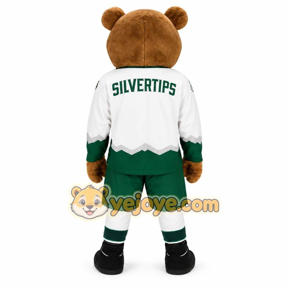 Brown Green White Hockey Bear Mascot Costume