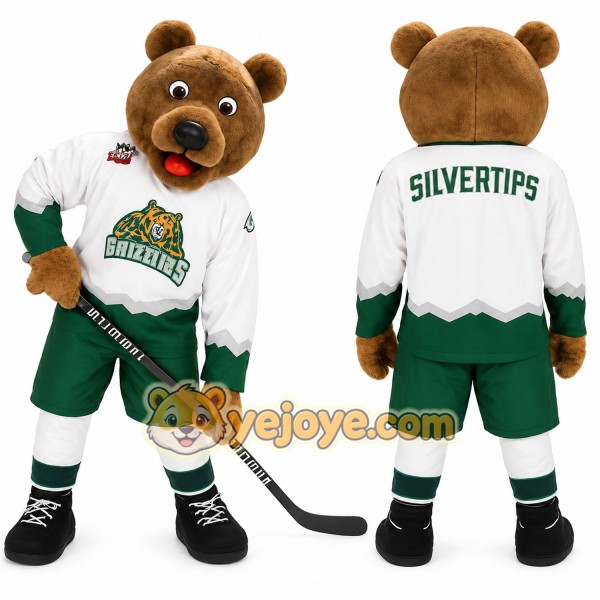 Brown Green White Hockey Bear Mascot Costume