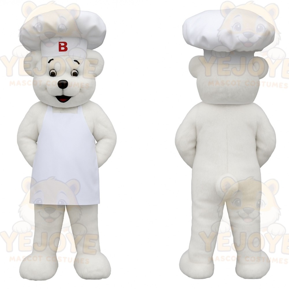 White Chef Bear With Apron Mascot Costume