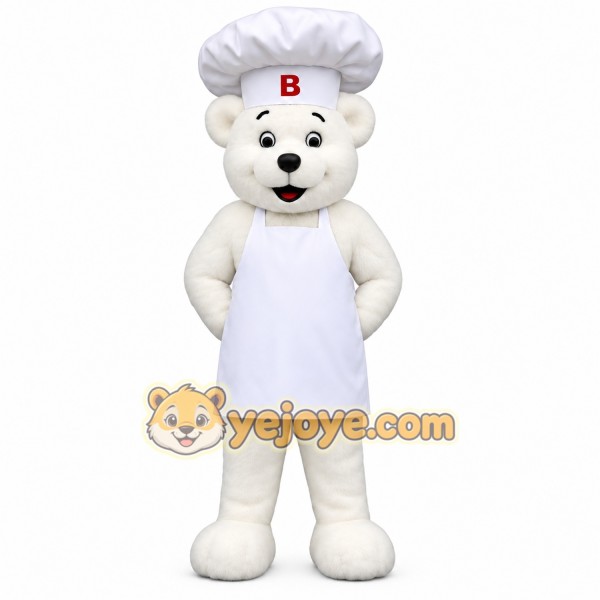 White Chef Bear With Apron Mascot Costume