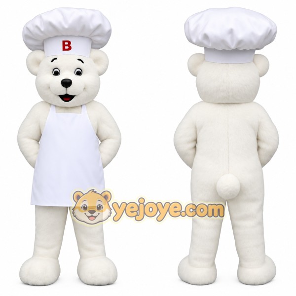 White Chef Bear With Apron Mascot Costume