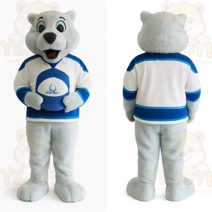 White Blue Hockey Polar Bear Mascot Costume