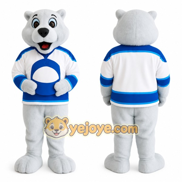 White Blue Hockey Polar Bear Mascot Costume