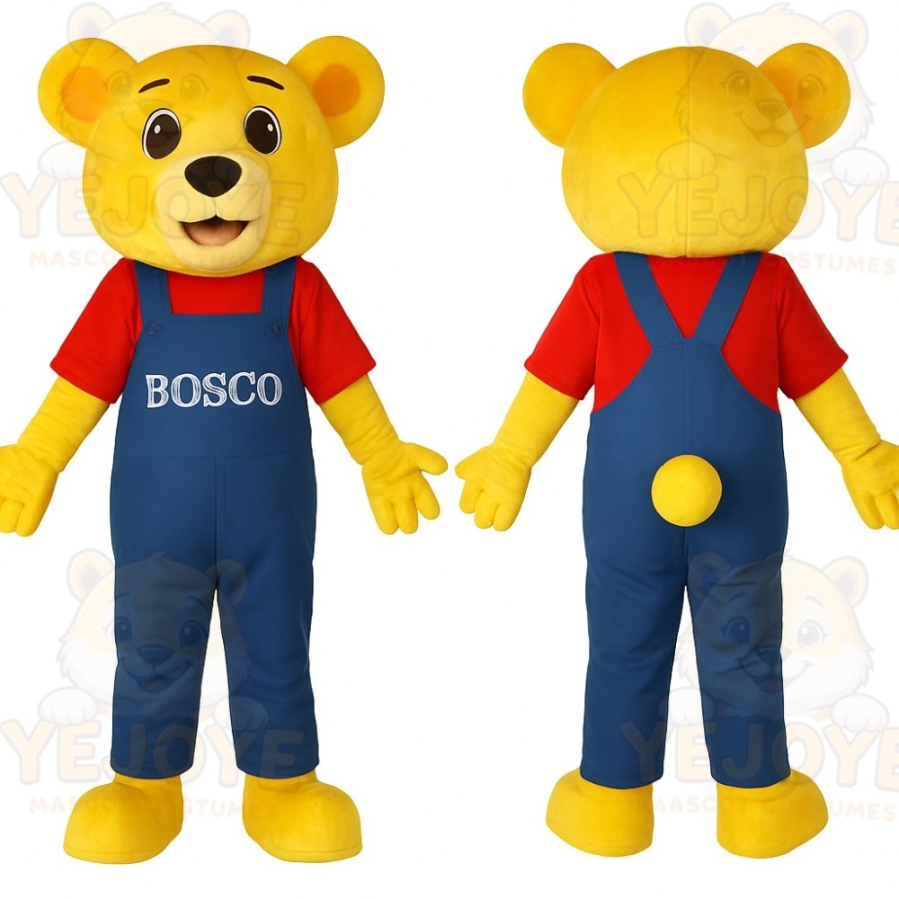 Yellow Bear Red Shirt Blue Overalls Mascot Costume