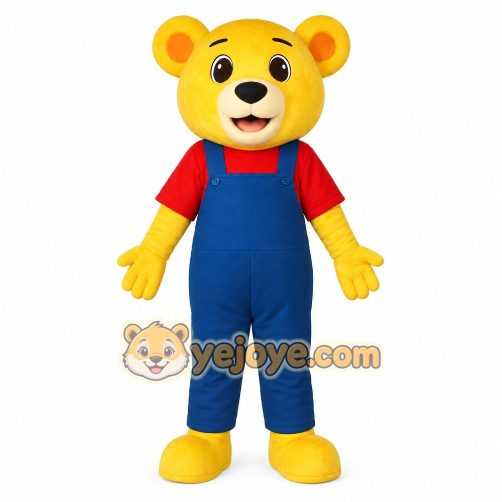 Yellow Bear Red Shirt Blue Overalls Mascot Costume Yellow Bear Red Shirt Blue Overalls Mascot Costume
