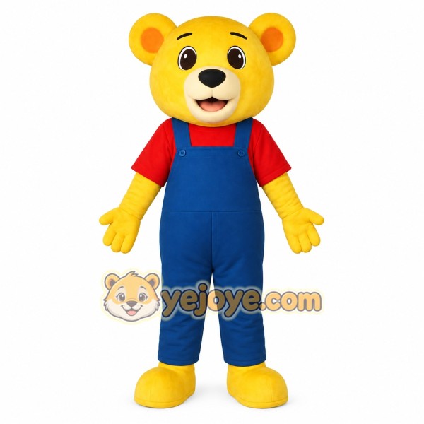 Yellow Bear Red Shirt Blue Overalls Mascot Costume Yellow Bear Red Shirt Blue Overalls Mascot Costume