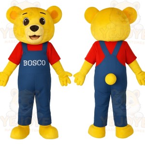 Yellow Bear Red Shirt Blue Overalls Mascot Costume