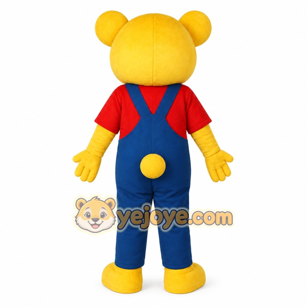 Yellow Bear Red Shirt Blue Overalls Mascot Costume Yellow Bear Red Shirt Blue Overalls Mascot Costume
