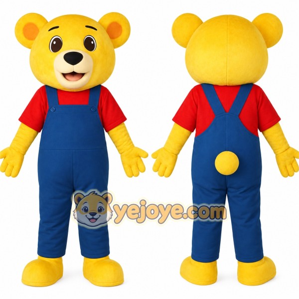 Yellow Bear Red Shirt Blue Overalls Mascot Costume