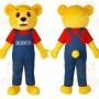 Yellow Bear Red Shirt Blue Overalls Mascot Costume