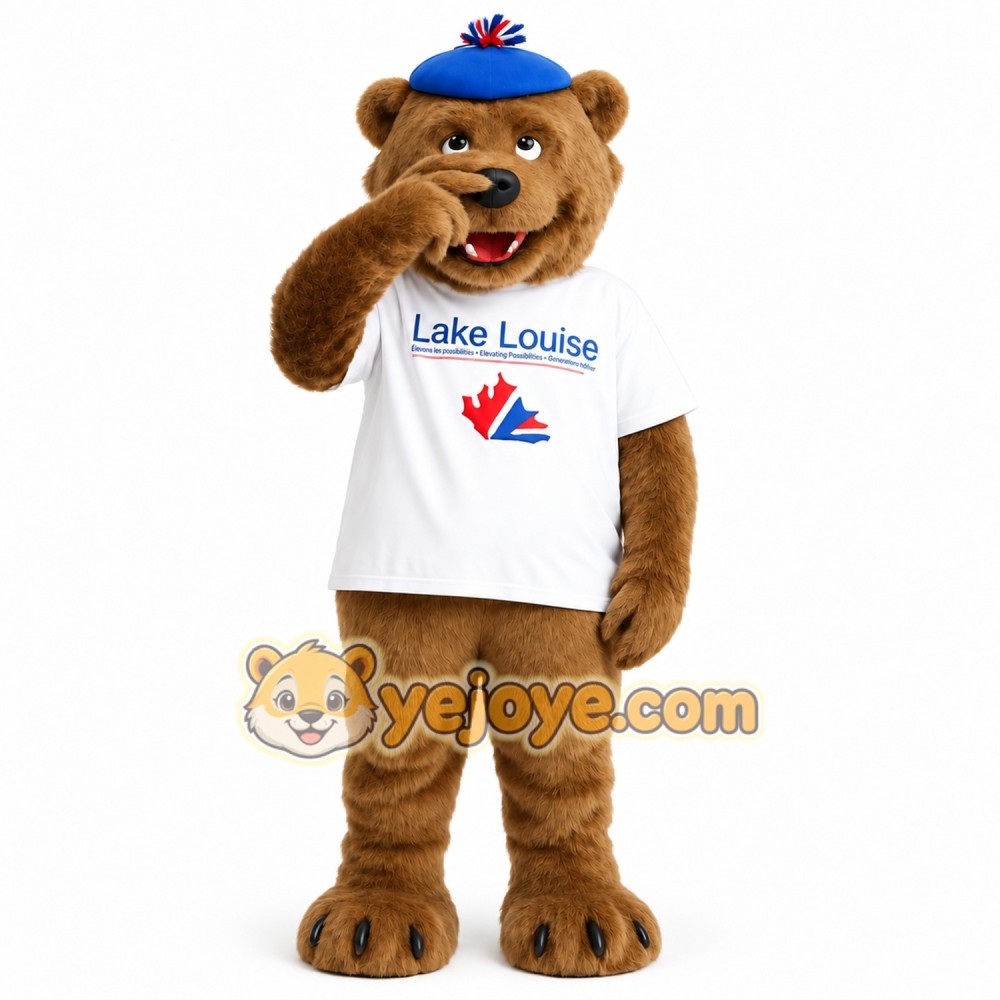 Brown White Bear With Blue Beret Mascot Costume