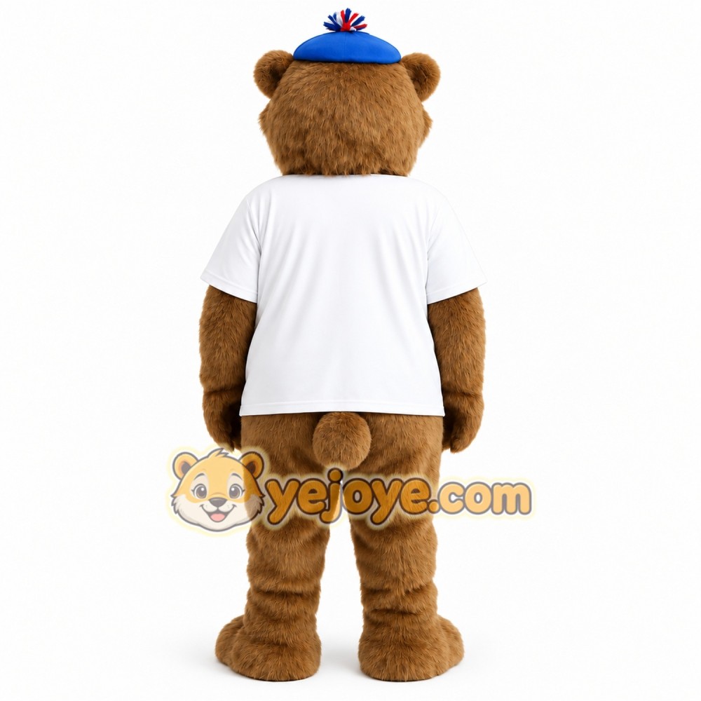 Brown White Bear With Blue Beret Mascot Costume