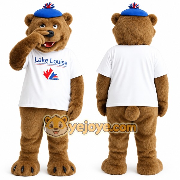 Brown White Bear With Blue Beret Mascot Costume