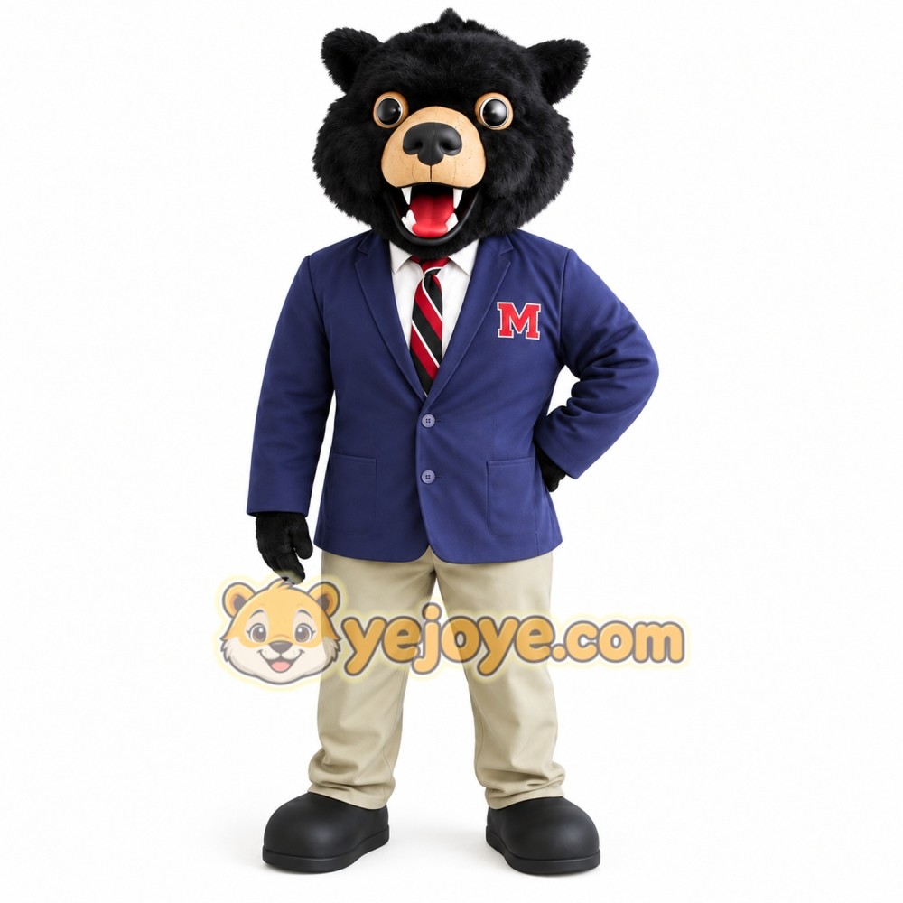 Black Bear With Navy Blazer Mascot Costume Black Bear With Navy Blazer Mascot Costume