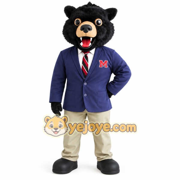 Black Bear With Navy Blazer Mascot Costume Black Bear With Navy Blazer Mascot Costume