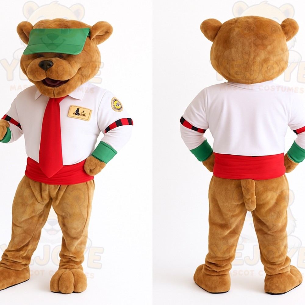 Brown Green White Red Bear Mascot Costume