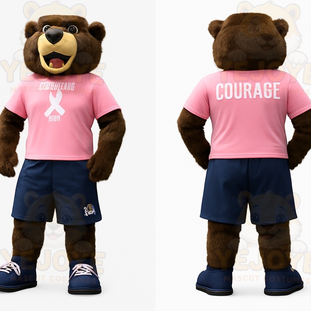 Brown Bear Pink Shirt Navy Shorts Mascot Costume