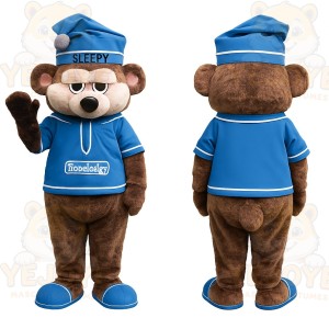 Brown Blue Sleepy Bear Mascot Costume