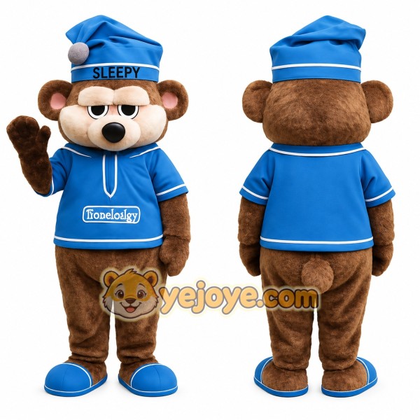 Brown Blue Sleepy Bear Mascot Costume