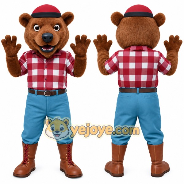 Brown Red White Plaid Bear Mascot Costume