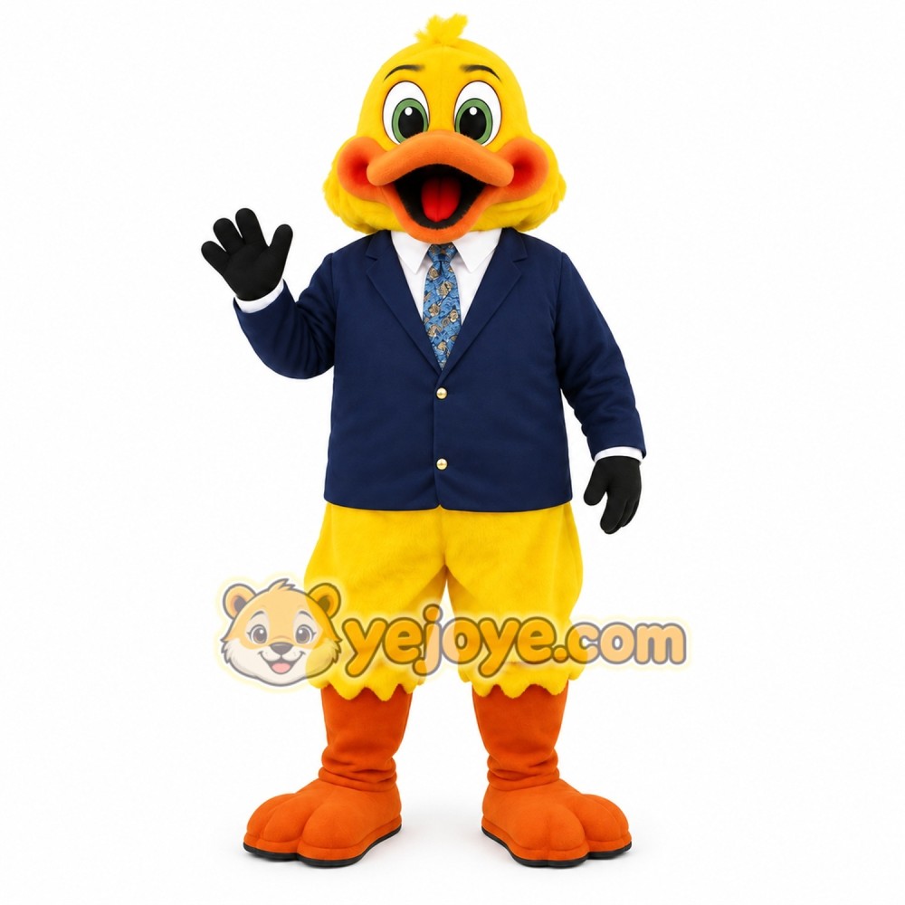 Yellow Duck In Navy Blazer Mascot Costume Yellow Duck In Navy Blazer Mascot Costume