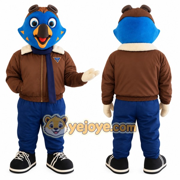 Blue Brown Aviator Bird Mascot Costume
